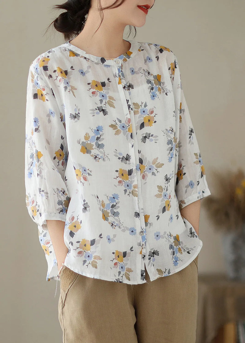 White O-neck Print Button Ramie Shirts Summer