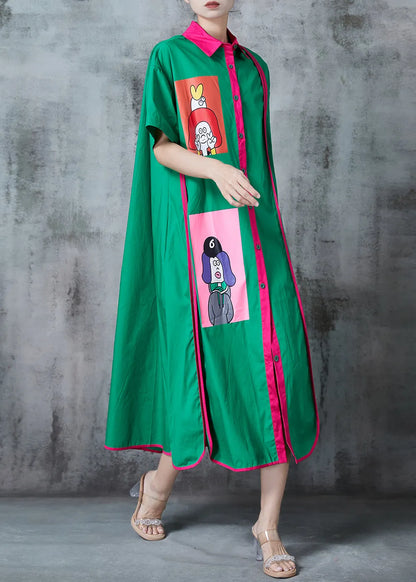 Green Patchwork Cotton a Line Dresses Applique Summer