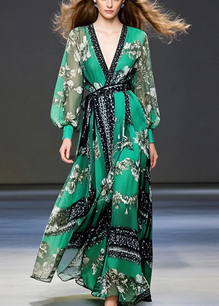 Peacock Green Cinched Print Chiffon Maxi Dresses Fall