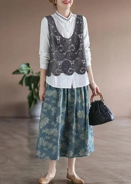 Blue Wrinkled Elastic Waist Patchwork Cotton Skirts Summer