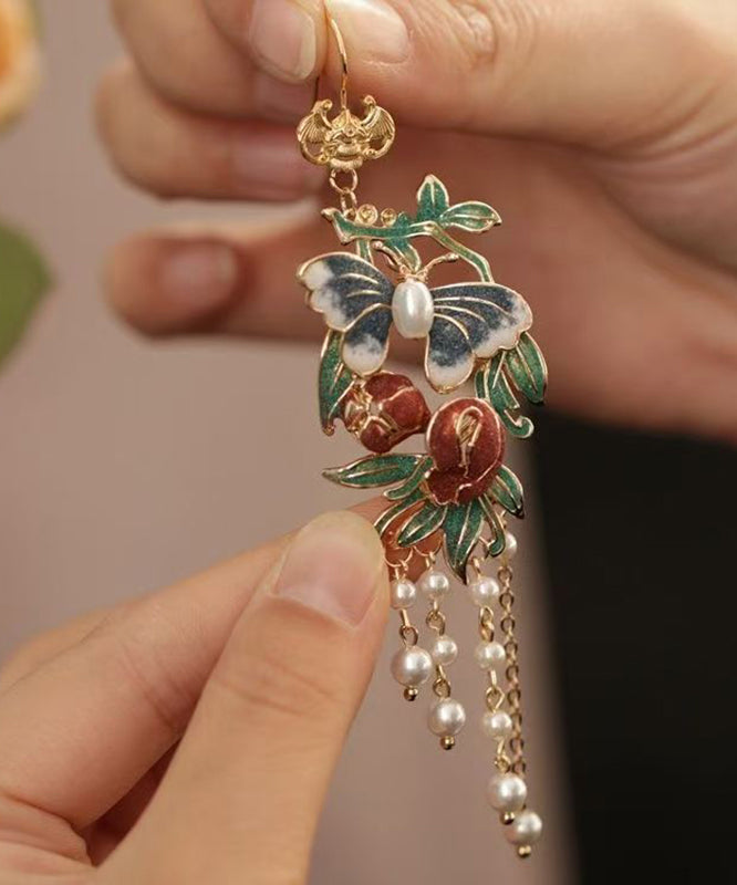 Gold Sterling Silver Overgild Pearl Butterfly Tassel Drop Earrings