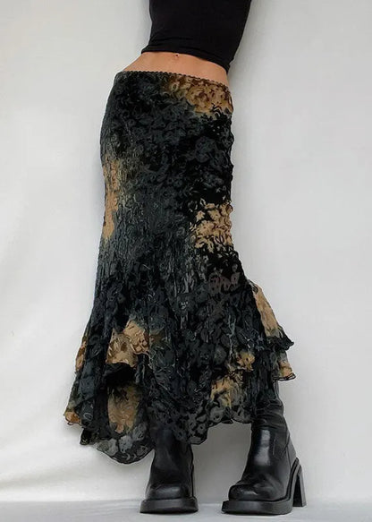 Black Asymmetrical Print Ruffled Patchwork Silk Velour Skirt