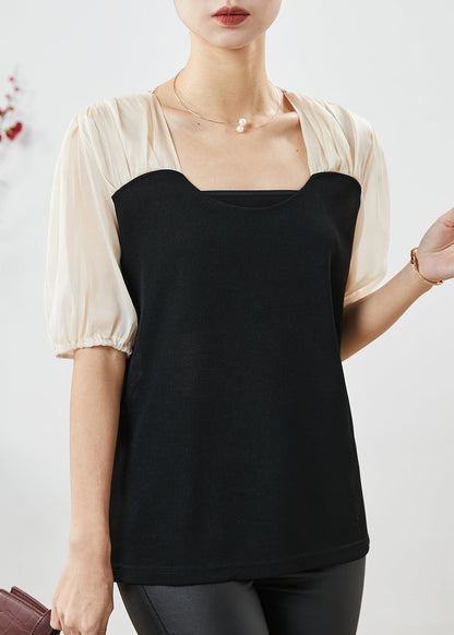 Fine Black Square Collar Patchwork Spandex Shirt Summer