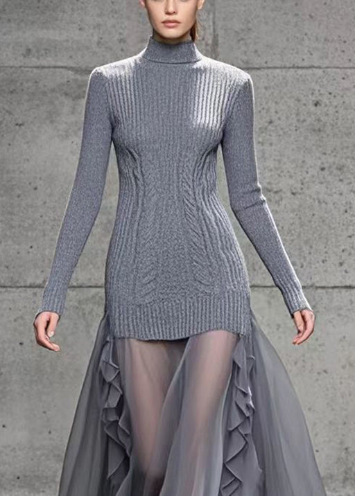 Grey Ruffled Patchwork Tulle Knit Dress Winter