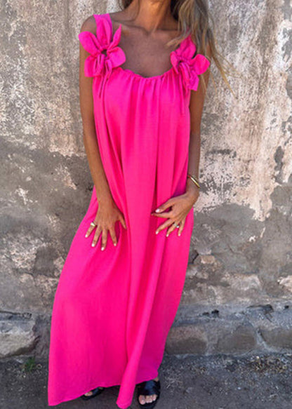 Rose U Neck Cotton Long Dresses Sleeveless