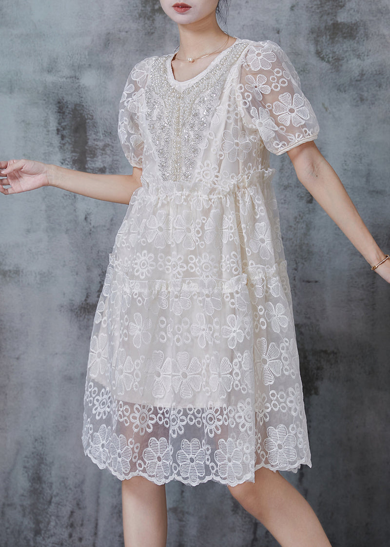 Beige Embroidered Nail Bead Tulle Party Dresses Summer