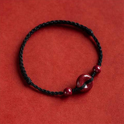 Buddha Stones Handmade Cinnabar Peace Buckle Safe and Healthy Charm Blessing String Bracelet Anklet