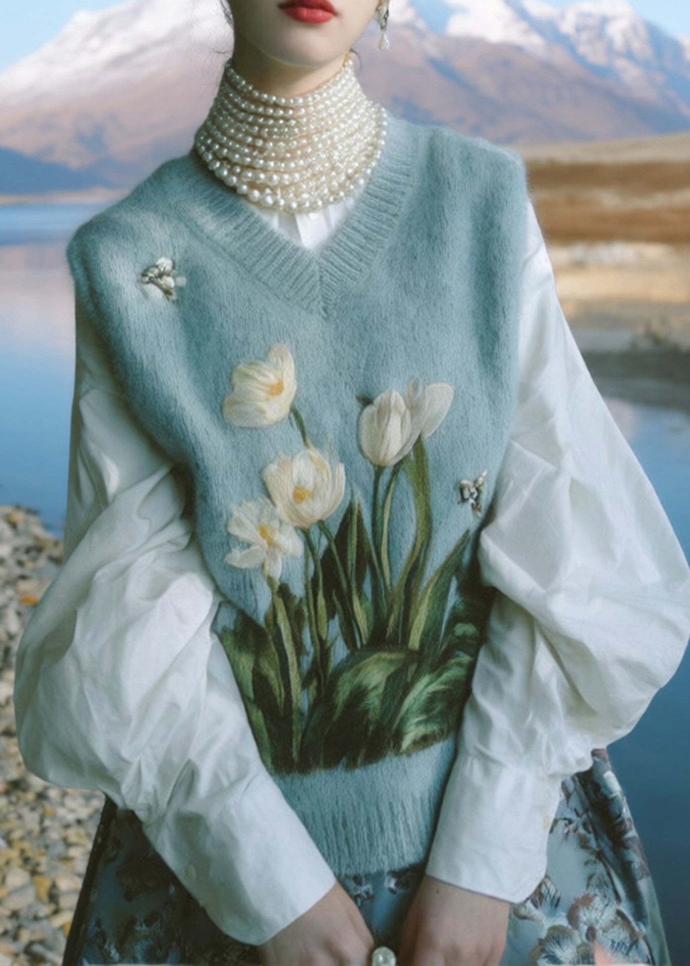 Blue V Neck Embroidered Knit Vest Sleeveless