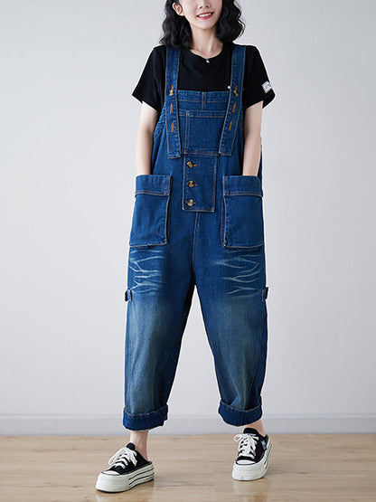 Spliced Washed Denim Loose Jumpsuits