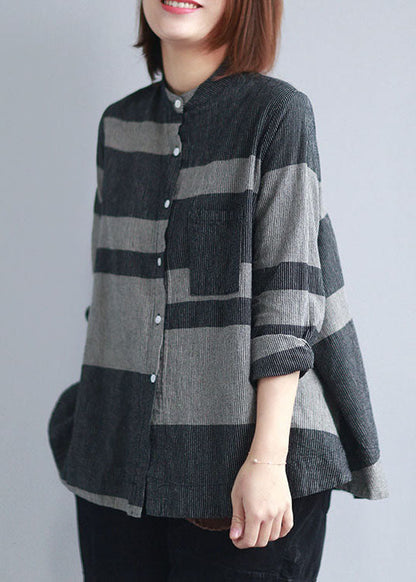 Stylish Black Grey Stand Collar Pocket Button Striped Shirts Spring