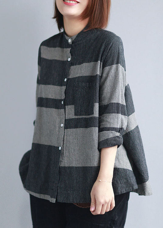 Stylish Black Grey Stand Collar Pocket Button Striped Shirts Spring
