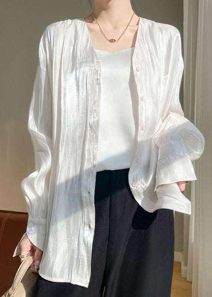 Simple White Button Silk Shirts Fall