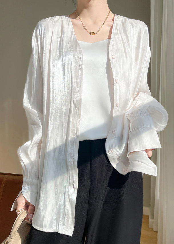 Simple White Button Silk Shirts Fall