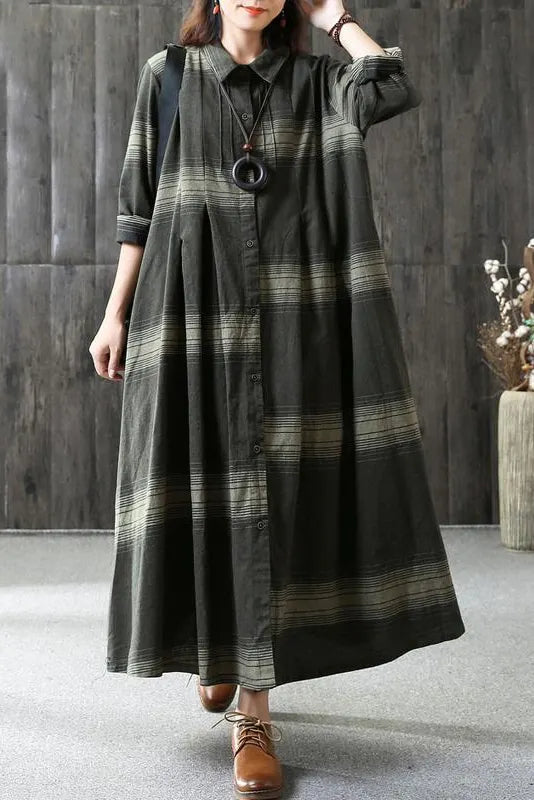 - Linen Plaid Dress Loose Long Sleeve Dress