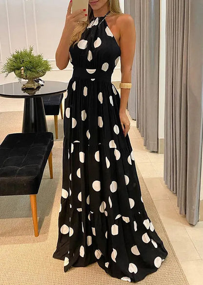 Green Dot Print Halter Backless Maxi Dress Sleeveless