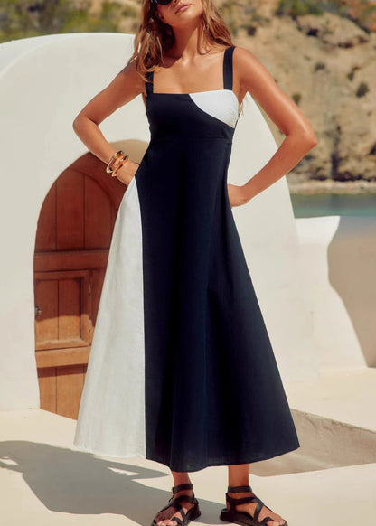 Holiday Style Navy Patchwork Cotton Spaghetti Strap Dresses Summer