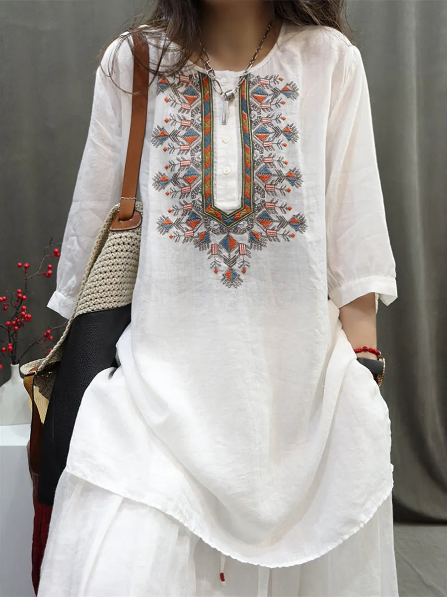 Summer Retro Embroidery O-neck Ramie Shirt