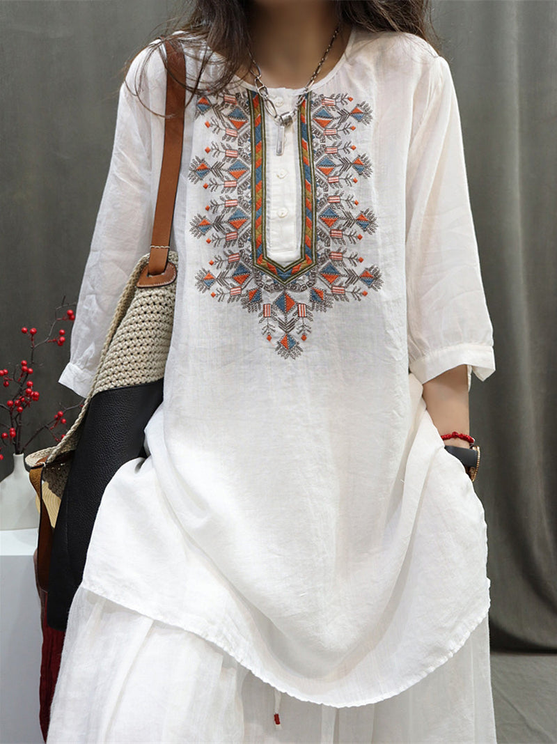 Summer Retro Embroidery O-neck Ramie Shirt