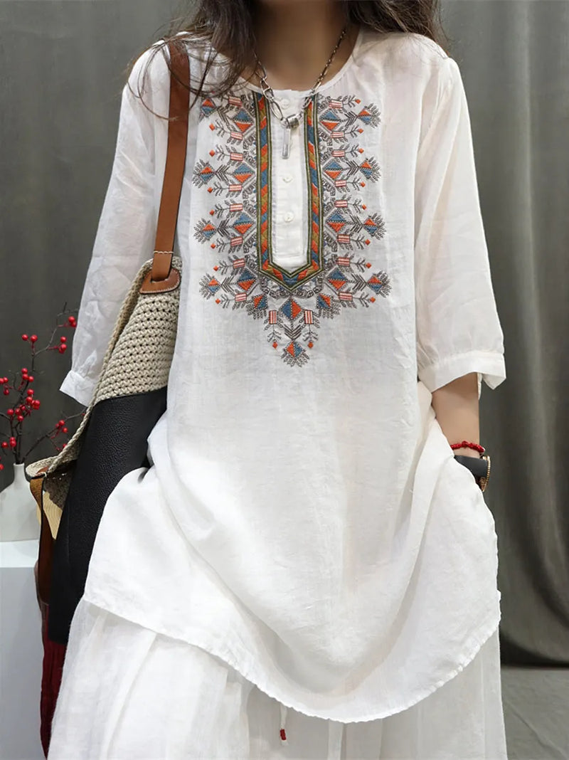 Summer Retro Embroidery O-neck Ramie Shirt