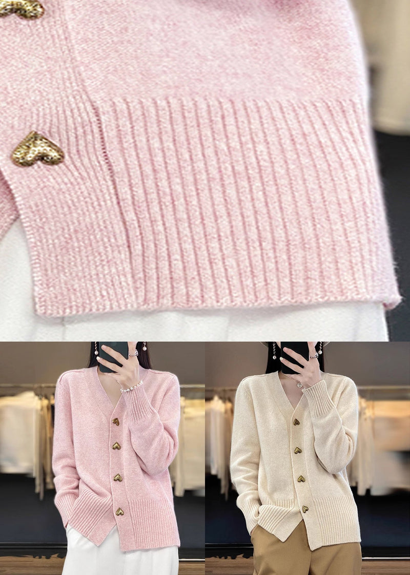 Beige Button Knit Coats V Neck Spring