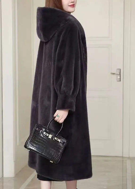 Black Patchwork Mink Velvet Hooded Maxi Trench Coat Winter