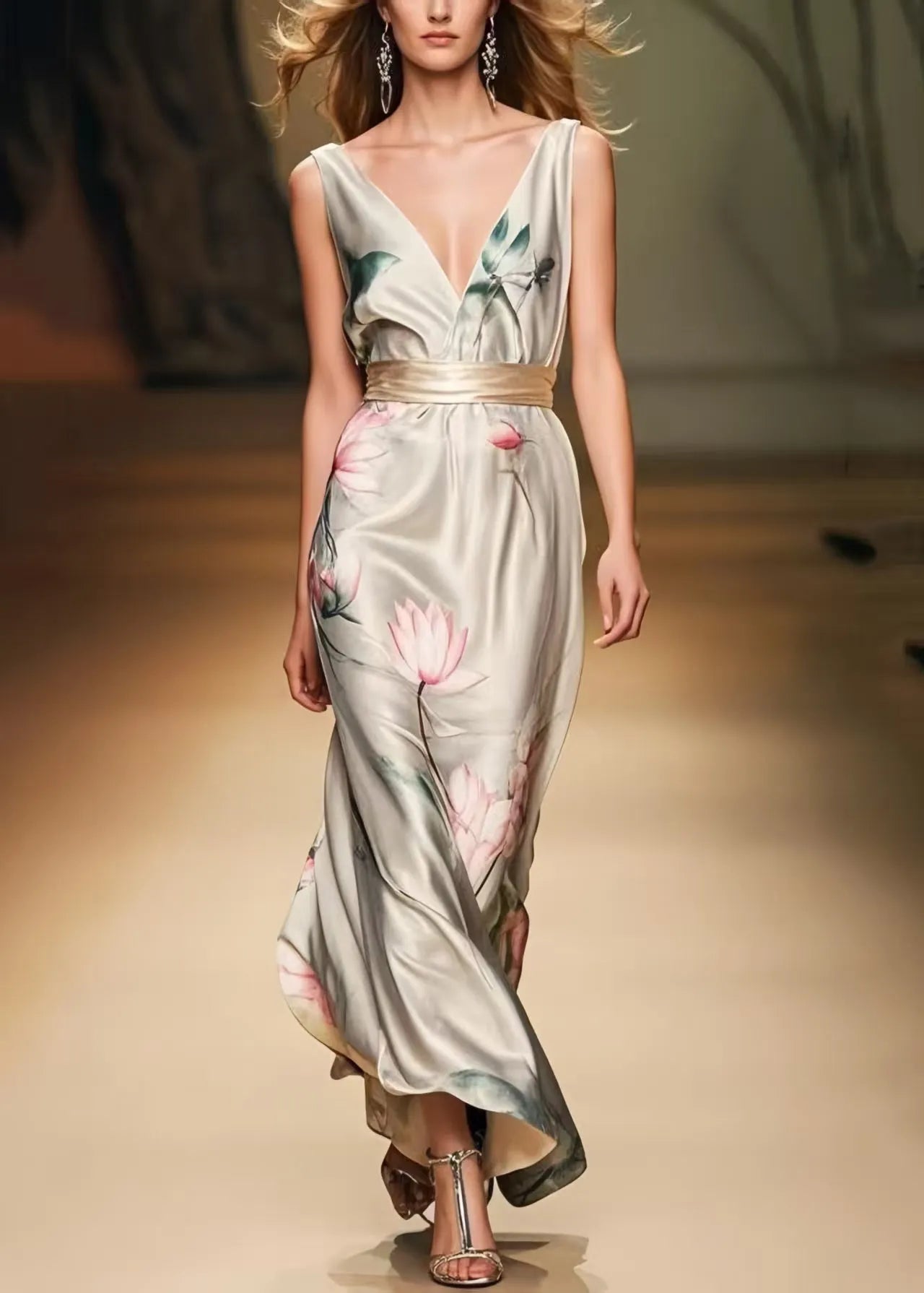 Apricot Cinched Print Silk Party Dress Summer