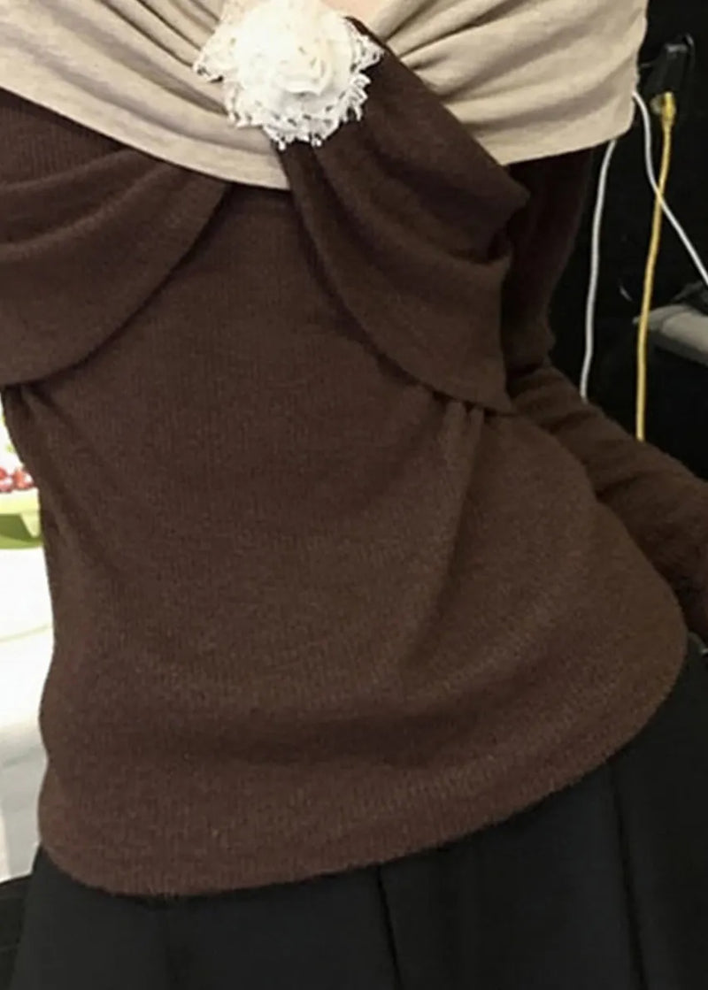 Original Design Brown Patchwork Knit Sweaters Spring