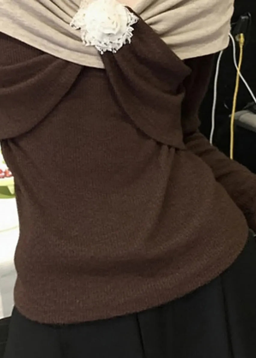 Original Design Brown Patchwork Knit Sweaters Fall