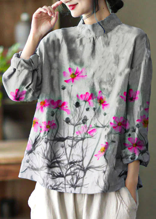 Stylish Yellow Flower Embroidered Retro Linen Blouse Tops Spring