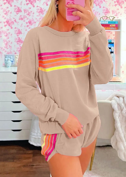 Loose Pink Striped T Shirt and Shorts Cotton Two Pieces Set Spring