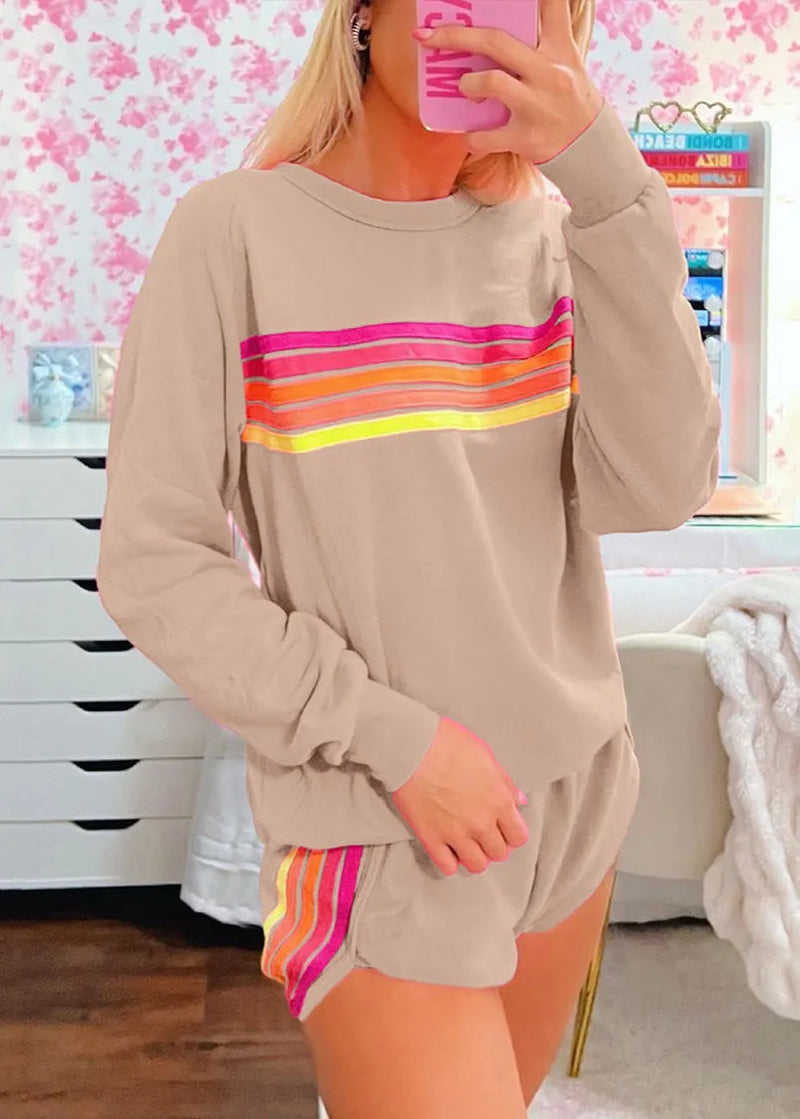 Loose Pink Striped T Shirt and Shorts Cotton Two Pieces Set Spring