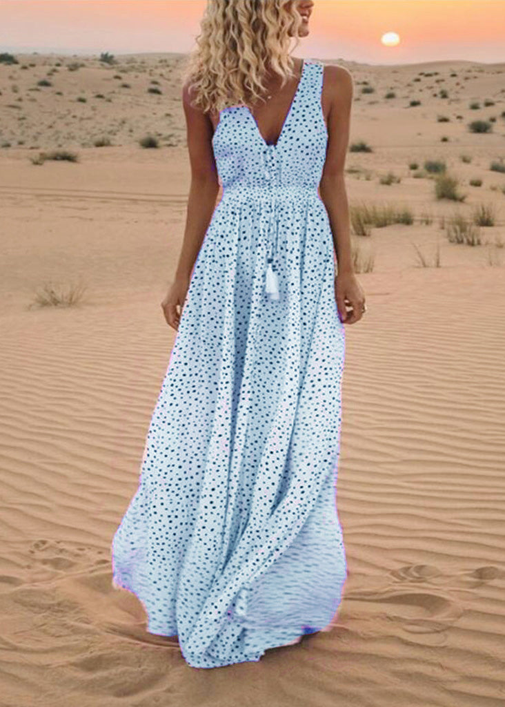 Blue V Neck Dot Print Chiffon Dress Sleeveless