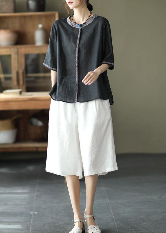 Natural Black O-neck Embroidered Summer Ramie Blouses Half Sleeve