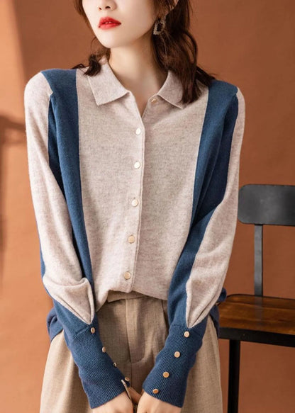 Colorblock Peter Pan Collar Patchwork Cashmere Cardigans Spring