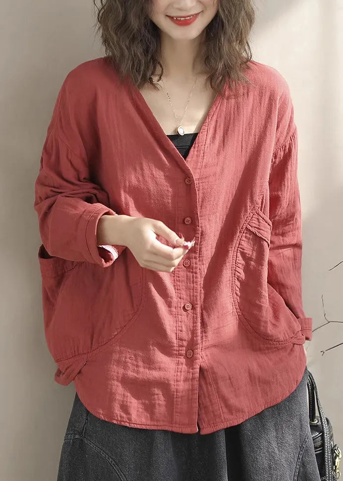 Simple White V Neck Pockets Cotton Shirt Tops Spring
