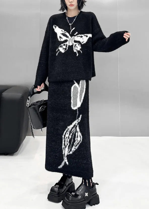Natural Black O-neck Butterfly Print Cotton Knit Sweater and Maxi Skirts Two Pieces Sets Fall