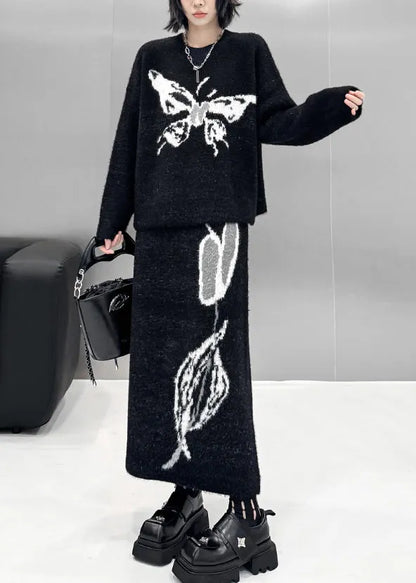 Natural Black O-neck Butterfly Print Cotton Knit Sweater and Maxi Skirts Two Pieces Sets Fall