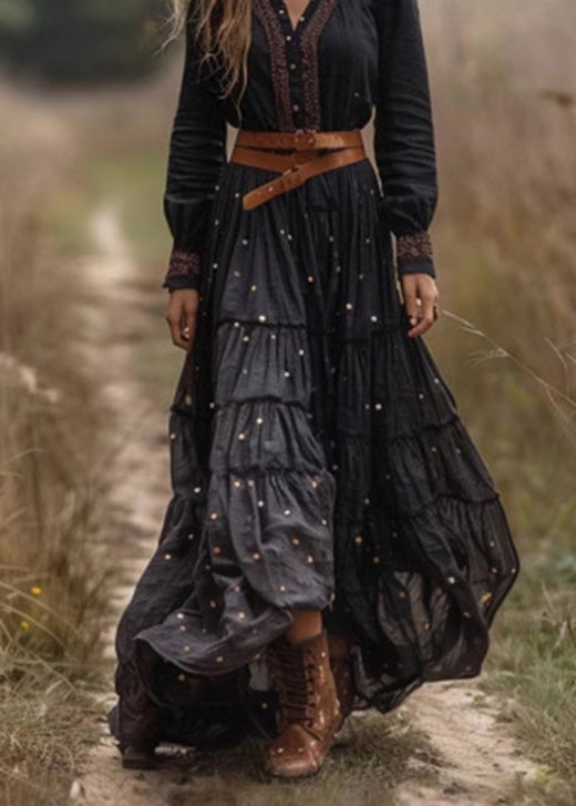 Black Wrinkled Patchwork Cotton Long Dresses Fall