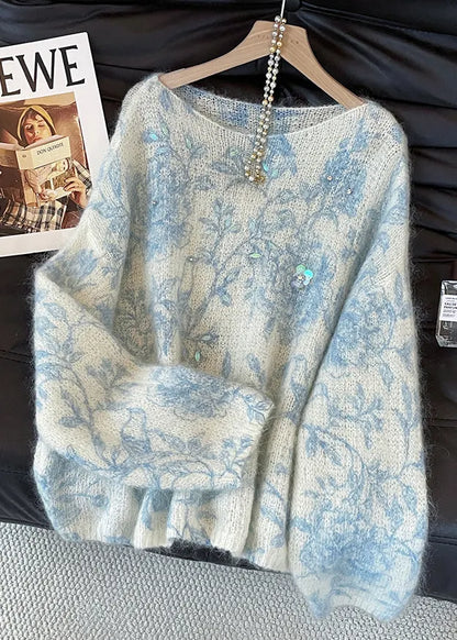 Blue Print Knit Cozy Sweaters Sequins Fall