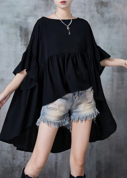 Black Oversized Low High Design Chiffon Tops Summer