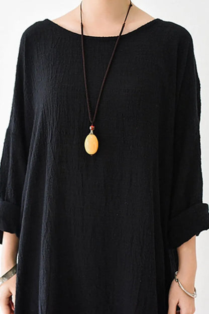 Fall Thin Black Linen Dresses Long Sleeve Linen Caftans Gown