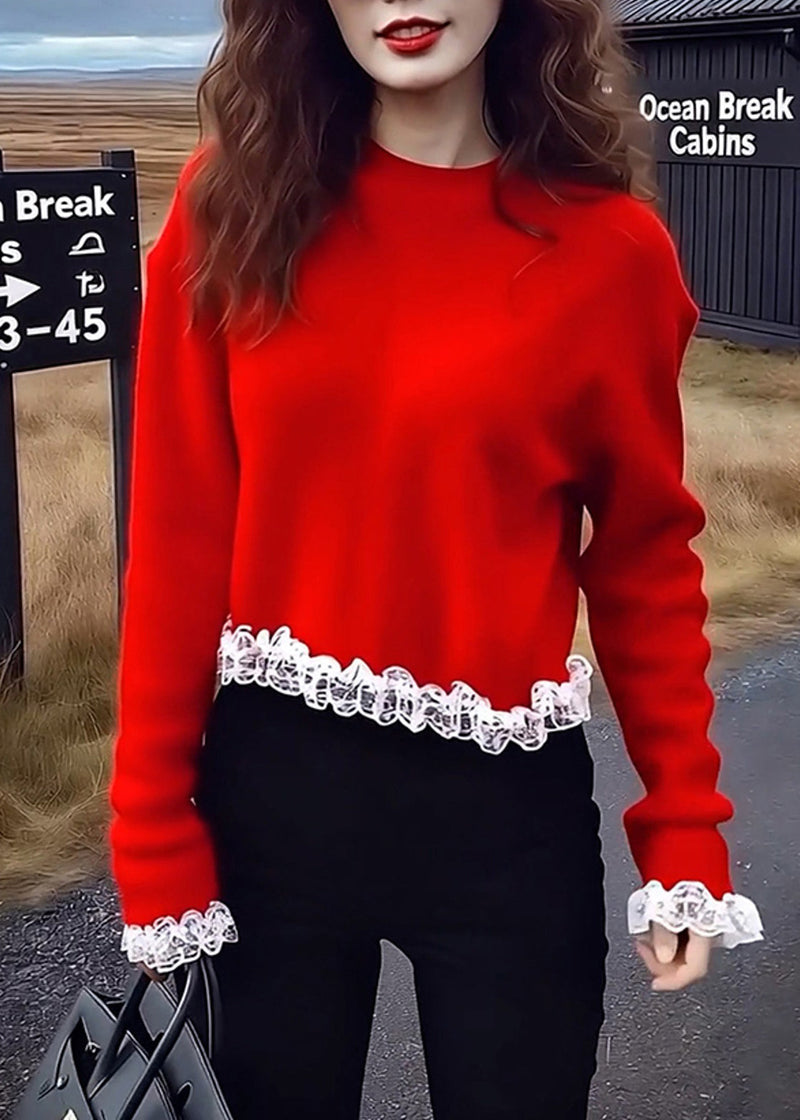 Red Oversized Patchwork Lace Sweaters Winter