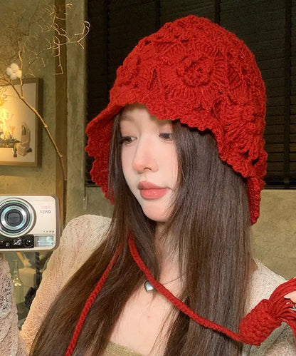 Style Red Hollow Knitted Boonie Hat