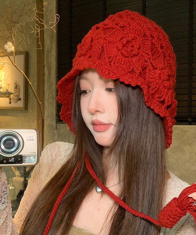 Style Red Hollow Knitted Boonie Hat