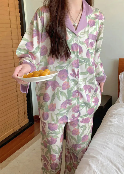 Purple Tulip Print Button Ice Silk Pajamas Two Pieces Set Spring