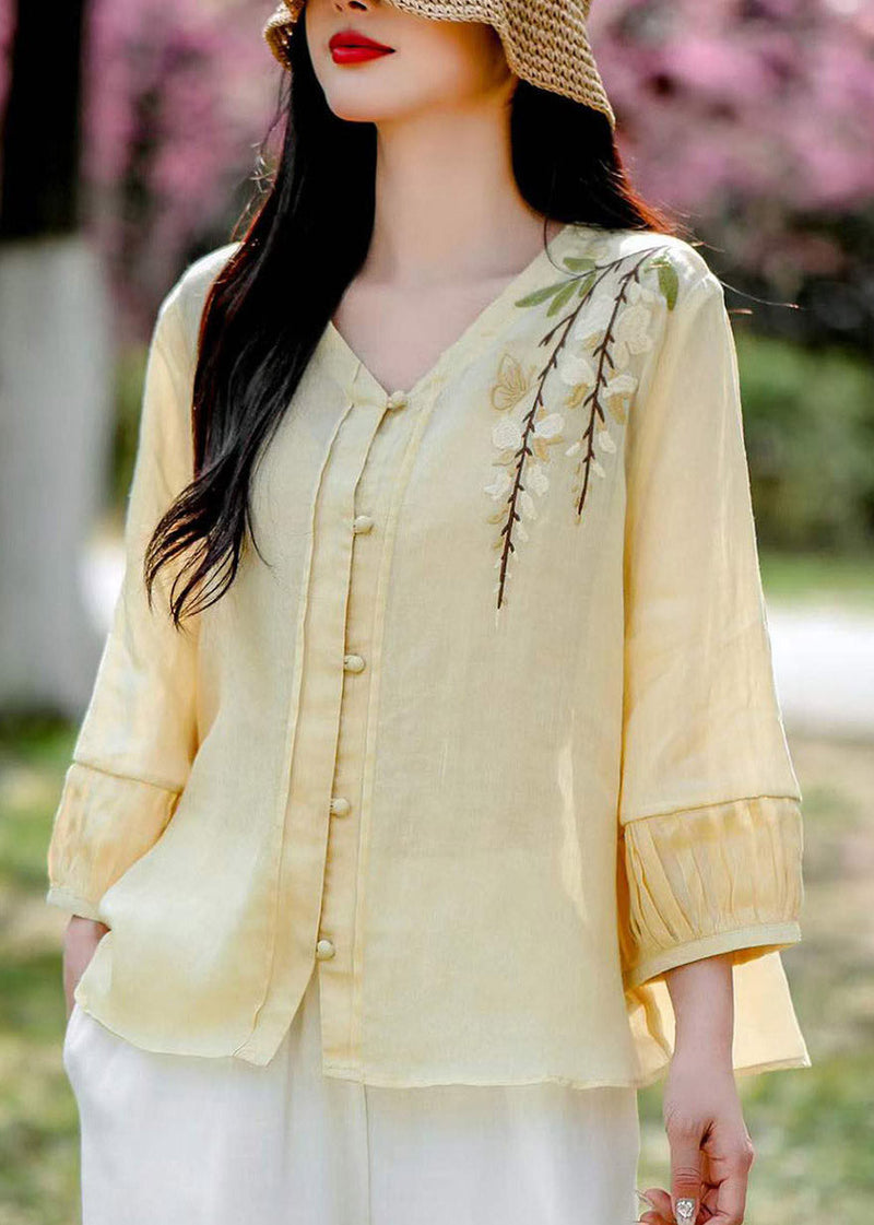 Art White V Neck Embroidered Linen Shirt Fall