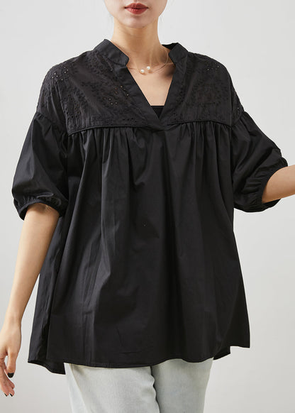 Black Embroidered Patchwork Cotton Blouse Tops Summer