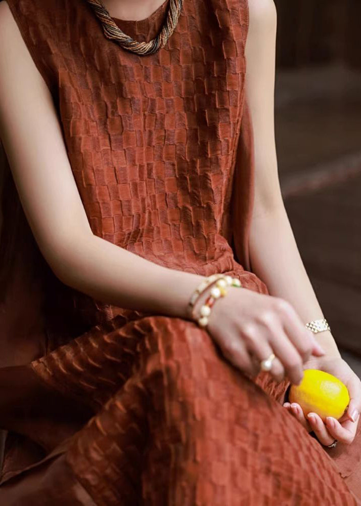 Red O Neck Patchwork Cotton Long Dresses Sleeveless