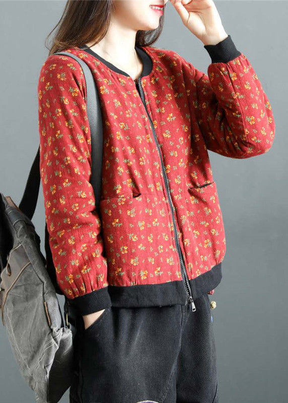 Red Print Zip Up Pockets Patchwork Fine Cotton Filled Witner Coats