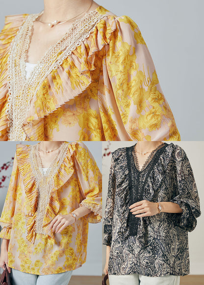 Diy Yellow Ruffled Print Chiffon Top Summer